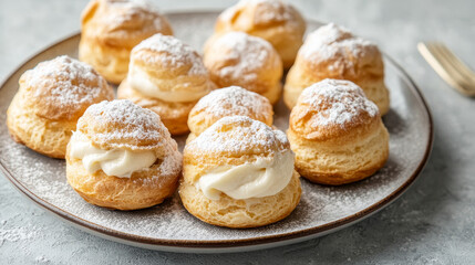 Lightly coated in powdered sugar, a plate of cream puffs rests on a subtle grey background, highlighting their delicate texture.







