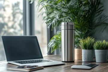 Fototapeta premium Comfortable working place featuring laptop, thermos, plants, and other office essentials on a wooden desk