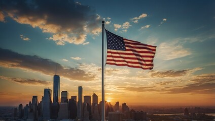 Naklejka premium Unity at Dusk: The American Flag Waving Proudly Over Urban Horizons