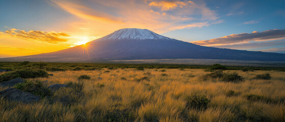 Obraz premium A stunning view of a majestic mountain peak framed by a warm glowing sunset sky. The landscape features golden grass fields in the foreground creating a serene atmosphere.