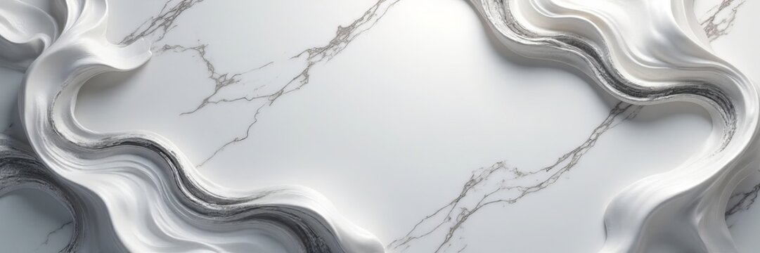 Shiny swirling silver patterns on marble background, abstract, elegant