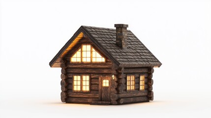 Illuminated Wooden Cabin Model on White Background