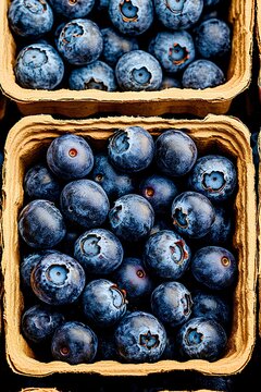 op-view of ripe blueberries in biodegradable trays, highlighting sustainable packaging and fresh produce.