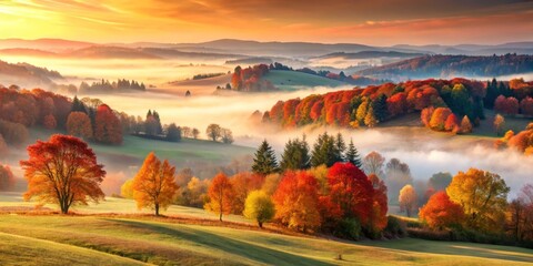 Autumnal landscape showcasing vibrant foliage and rolling hills bathed in the warm glow of sunrise, with a mystical fog settling gently across the valleys.