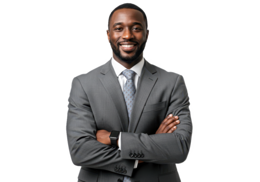 A professional African American businessman stands with his arms crossed and smiles confidently isolated on transparent background