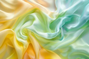 Soft silk flows in pastel yellow, green, and blue, crafting a serene, elegant vibe ideal for artistic pursuits