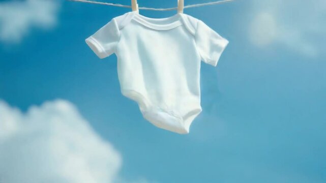 White baby bodysuit hanging on clothesline under blue sky