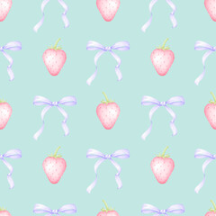 strawberry, bow. Watercolor seamless pattern in pastel colors for textile and wrapping paper. Cute illustration of food and festive ribbons for mother's day, valentine's day, birthday