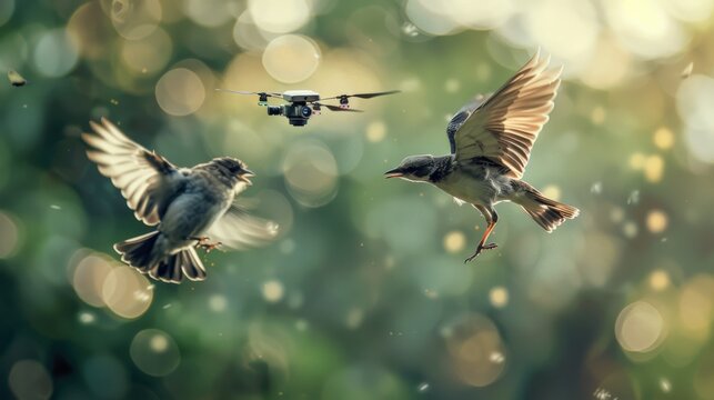Birds fly near a drone. Little birds are in the air. Green nature background with bokeh lights. Small robot flies by in the sky.