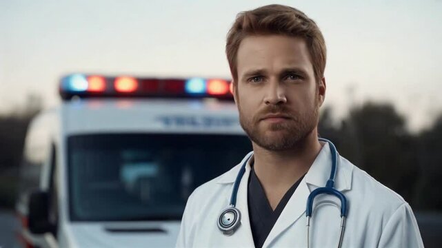 Paramedic posing with ambulance lights flashing in background