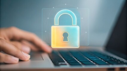 Phishing protection and fraud cybersecurity, A glowing security padlock displayed on a digital screen for cybersecurity themes.