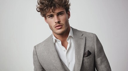 A man in a suit and tie with a black handkerchief in his pocket. The man is wearing a grey jacket and white shirt