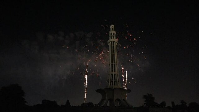 Minar e Pakistan. Fireworks are in progress at the Independence Night of August 14th each year.
