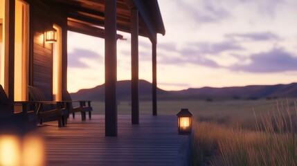 Cozy wooden porch at sunset with glowing lanterns and distant hills in a serene landscape