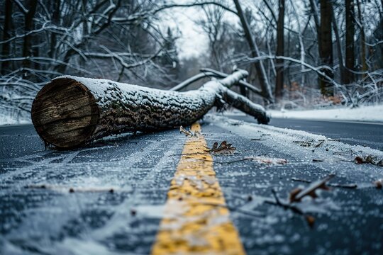 Frozen tree trunk on the road in winter forest with yellow line, Ai Generated