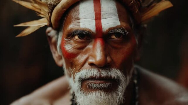Indigenous tribal leader wearing traditional headdress