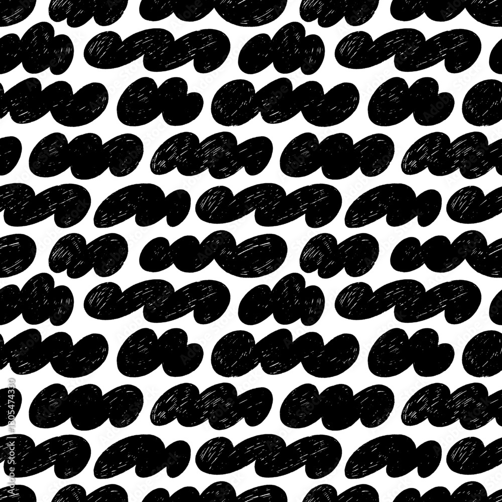 Poster retro graphic clouds and organic shapes seamless pattern. crayon drawn childish naive figures backgr