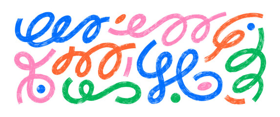 Colorful naive funky squiggles and doodle wavy lines collection. Crayon drawn spirals and swirls for collages.