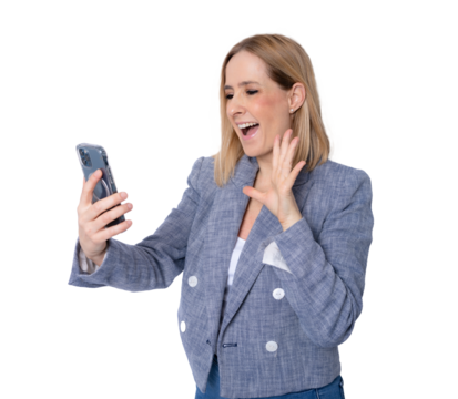 Young excited business woman using smartphone making a video call standing isolated over transparent background. PNG transparent