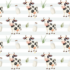 Seamless pattern with cute watercolor cow and milk bottle. Domestic animals. Farm animals watercolor pattern.