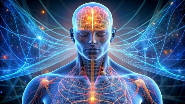 This captivating artwork showcases a human figure engulfed in brilliant light, symbolizing the intricate connection between consciousness and the universe.