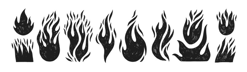 Crayon drawn fire flames icons collection. Hand drawn doodle flames stickers. Punk or rock style crayon drawn shapes. Burning vector symbols. Graffiti doodle vector figures, tattoo stickers.