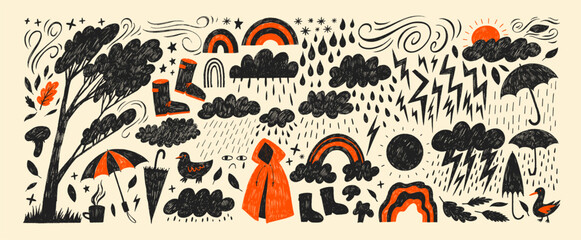 Graphic style doodle clouds, rainy weather icons, umbrella stickers and funky lightnings. Cute naive crayon drawn vector elements. Naive playful abstract doodle shapes sticker pack in childish style.