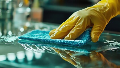 Cleaning Glass Surface with Microfiber Cloth and Yellow Gloves