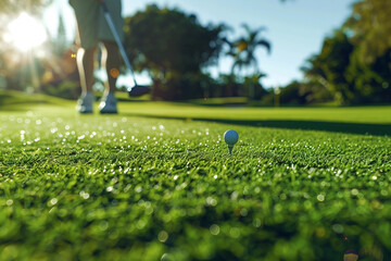 Close-up of golf ball in deep grass with club ready for a shot on golf course – generative ai