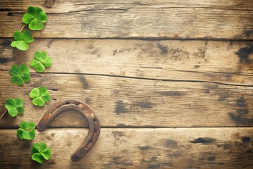 rustic wooden surface with weathered texture and brown horseshoe surrounded by green clovers