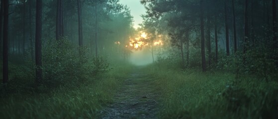 Obraz premium A misty forest path glows under a hazy sunrise, inviting introspection and serenity amid the lush greenery.