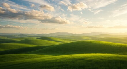 Majestic sweeping vistas of emerald fields beneath expansive azure heavens dotted with puffy cumulus formations