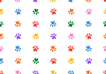 Dog paw seamless pattern cat footprint. Colorful background. Pets adoption. Veterinary care and facilities. Homeless pet rescue