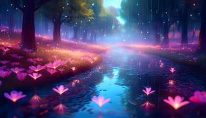 Fototapeta premium Glowing flower petals falling like rain in magical forest