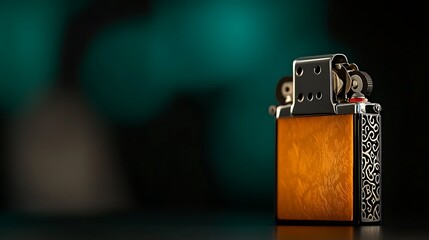 Close-up of a vintage lighter with intricate design against a blurred turquoise background