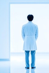 A doctor consults in a quiet hospital room, his presence merging into the smooth, sterile design around him.