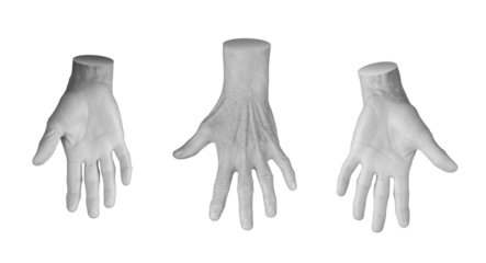 An elderly hand with fingers spread, palm open, reaching out in a gesture of communication. Aged, wrinkled skin with visible veins and texture, emphasizing the striking form and contrast. Three hands