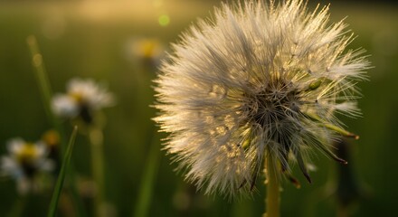 Obraz premium Close-up Dandelion Seed Head Glowing in Golden Sunlight During Sunset
