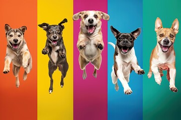 Group of dogs jumping over colorful background, ai Generated