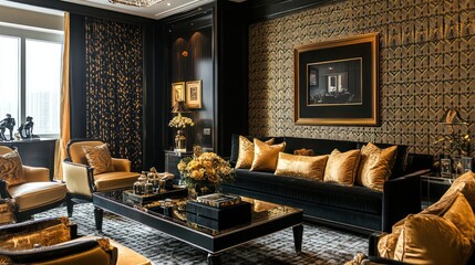 Luxurious black and gold living room, city view, elegant interior design, potential use for home decor magazines or real estate listings