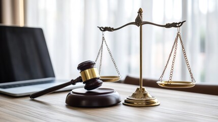Legal scales and gavel on desk, justice, law