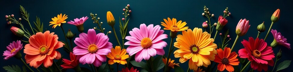Fototapeta premium Vibrant bouquet of assorted flowers on a dark backdrop, flora, vibrant