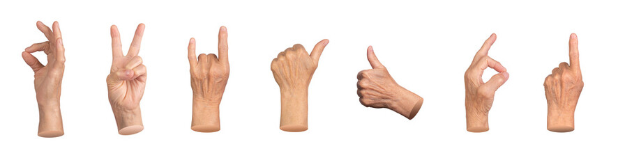 An elderly woman making various hand gestures, including OK, peace, victory, and horn signs. Thumb...
