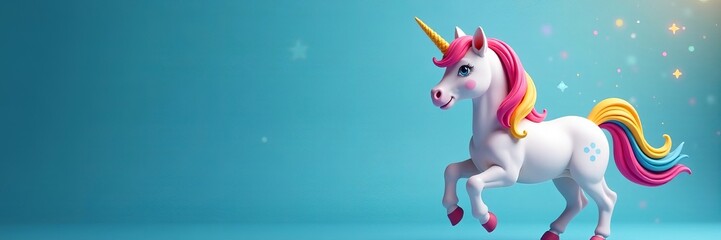 Whimsical unicorn with rainbow mane and sparkles on blue background, horn, magical