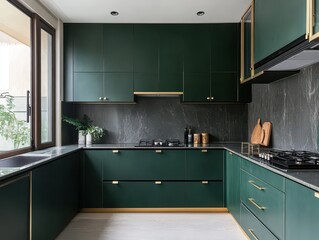 A stylish and modern emerald colored kitchen interior design