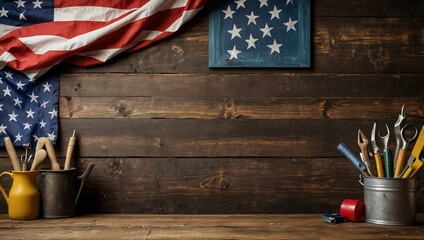 Rustic Wooden Surface with American Flag, Construction Tools, and Blank Chalkboard for Custom Messages


