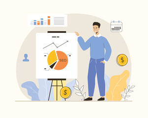 SEO budget plan. Man work with graphs and charts, statistics and infographics for successful planning. Flat vector illustration.