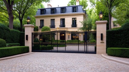 Obraz premium Elegant mansion with manicured gardens and gated entrance in a serene suburban setting