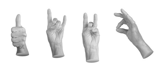 An elderly woman s hand displaying a variety of gestures: OK, thumb up, devil, and cool. Mature,...