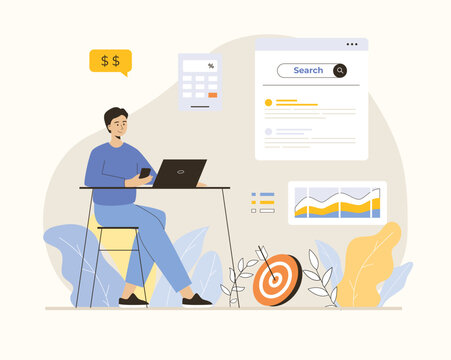 SEO budget. Calculation of spending for SEO. Digital marketing investment. Flat vector illustration.
